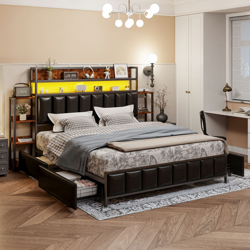 Okwish - Lit capitonné 160200 cm, avec plusieurs étagères, avec éclairage led, avec rangements, tête de lit avec rangements, cadre de lit en fer