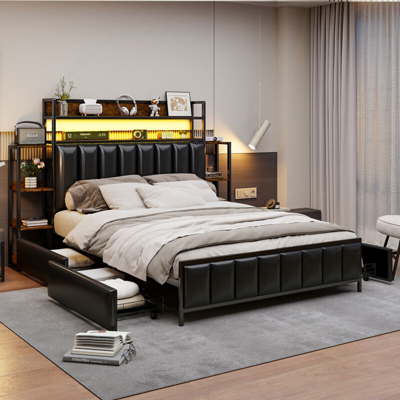 Okwish - Lit capitonné 140200 cm, avec plusieurs étagères, avec éclairage led, avec rangements, tête de lit avec rangements, cadre de lit en fer