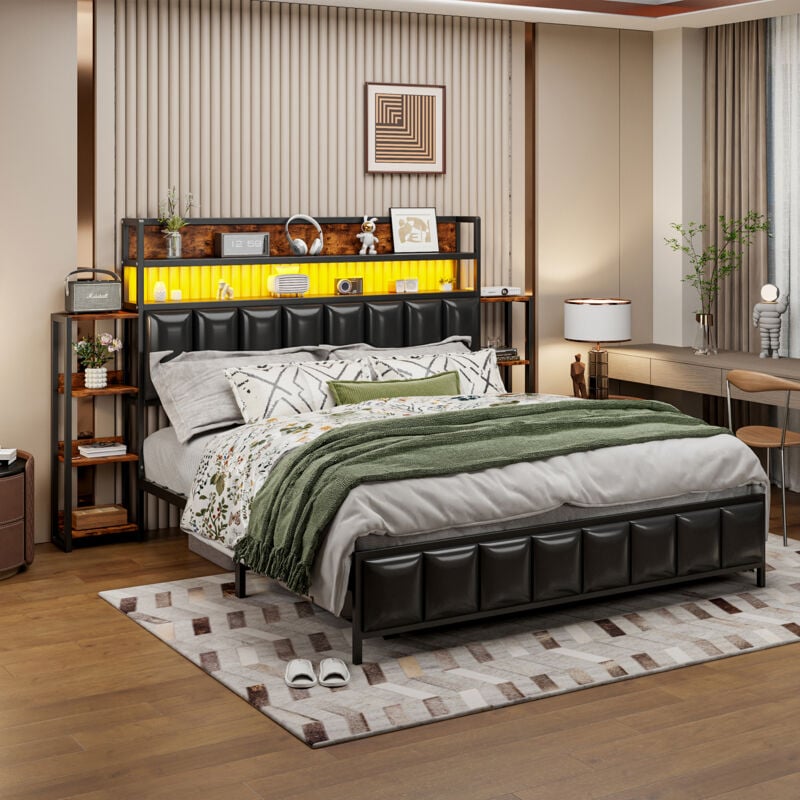 Okwish - Lit adulte 160x200 cm lit double rembourré avec plusieurs étagères, éclairage led, tête de lit et cadre de lit en fer massif, en similicuir,