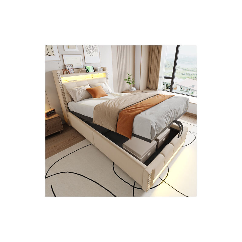Lit coffre 90x200 cm, lit adulte avec éclairage led, prise usb et étagères de rangement, tissu en lin beige sans matelas