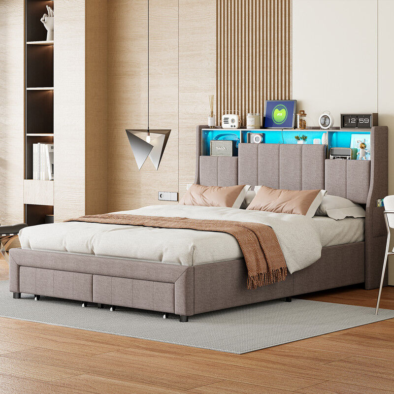 Blanketswarm - Lit Capitonné 160x200 avec 2 Tiroirs, Lit Double Rembourré 160x200, Tête de lit avec Espace de Rangement et Poches Latérales, Lit