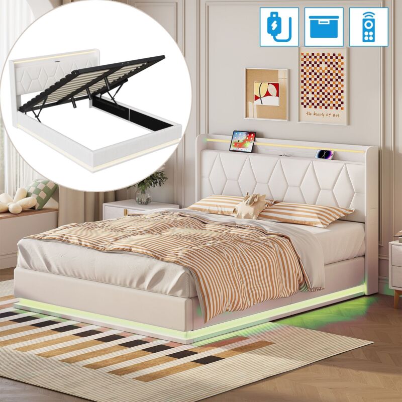 Lit capitonné 160x200 cm, 2 places, lit coffre avec tête de lit en velours, espace de rangement, éclairage LED et ports USB, sommier à lattes en