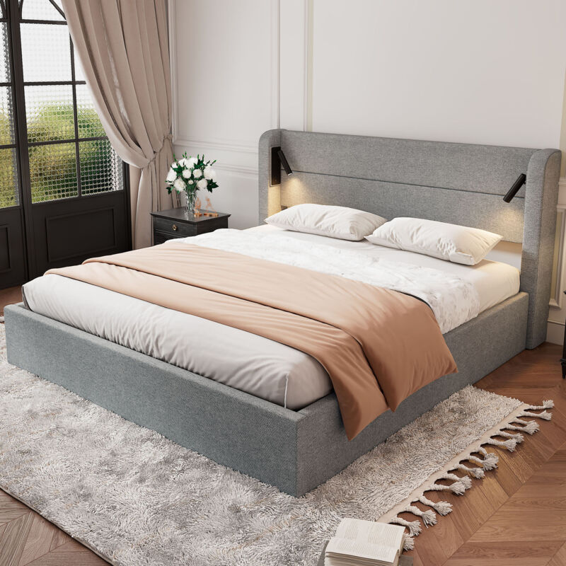 Gutent - Lit capitonné 160x200 cm avec lumière d'ambiance, sommier à lattes en bois, montage facile, velours côtelé - gris