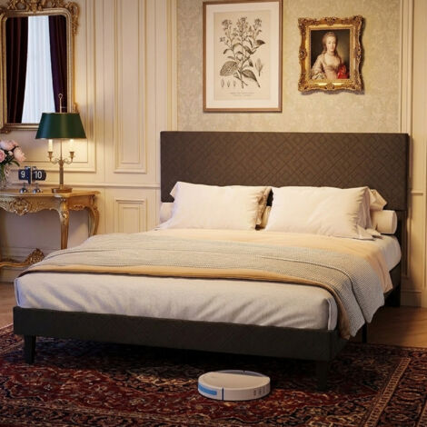 Lit Capitonné 160x200 cm, Tête de Lit Réglable en Lin, Lit Adulte avec Sommier à Lattes en Bois, 2 Personne, 15 de Rangement, Gris