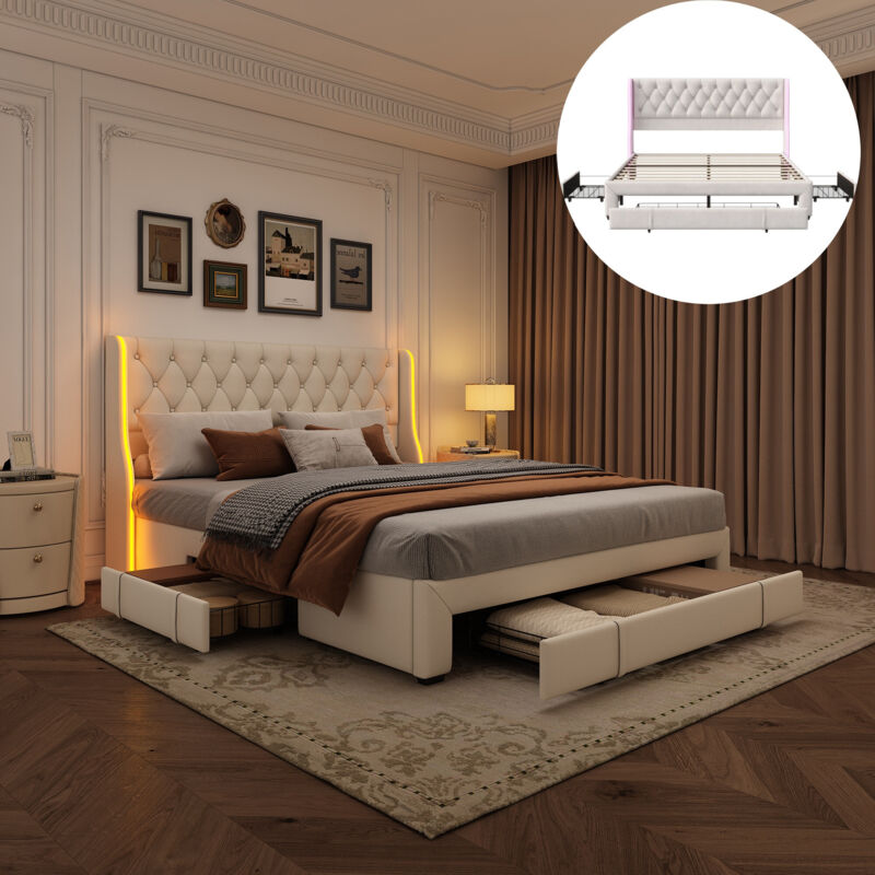 Fortuna Lai - Lit capitonné 160x200 cm velours, avec 3 tiroirs, éclairage led, sommier à lattes en bois massif, nombreux rangements, lit double