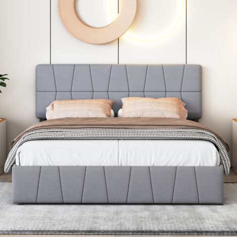 Lit capitonné 160x200, lit adulte 160x200, lit double avec 4 tiroirs, lit coffre tête de lit capitonnée, sens du design, sommier à lattes en bois, sans matela, velours, gris
