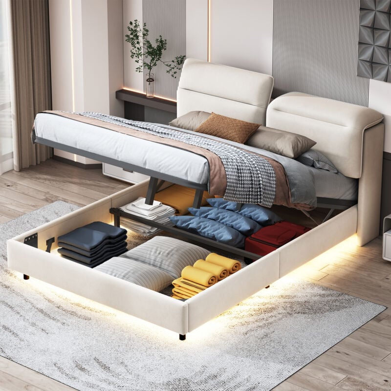 Blanketswarm - lit capitonné 160x200, lit coffre 160x200 avec tête de lit, lit double led, lit adulte avec sommier, dossier rabattable, espace de