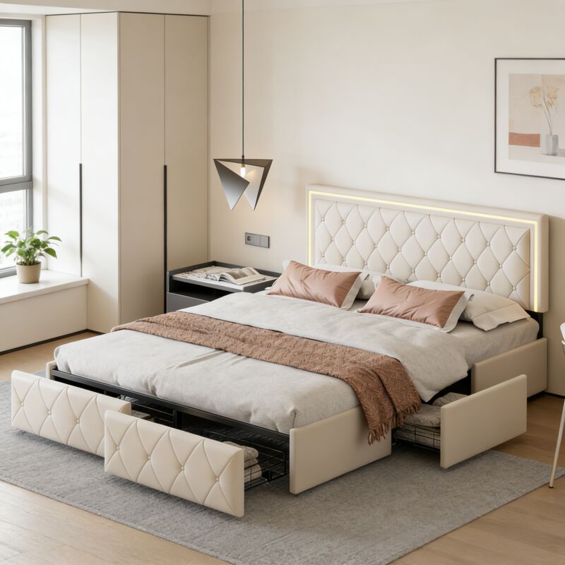 Lit capitonné 160x200cm avec éclairage LED, Lit double avec 4 tiroirs et tête de lit réglable, Cadre de lit adulte, Sommier à lattes, PU, Blanc