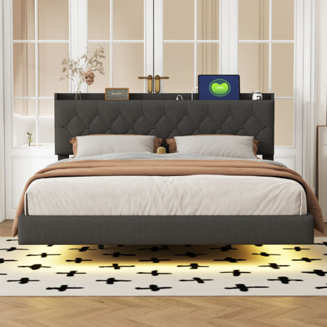 Lit Capitonné 160x200cm - Avec LED, USB & Rangement au Chevêt - Pour Chambre -Gris