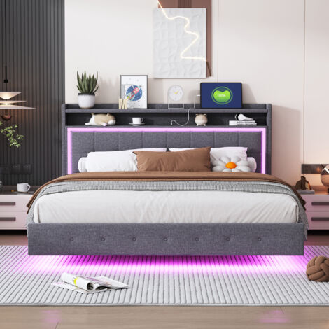 Lit Capitonné 160x200cm - Avec LED, USB & Rangement au Chevêt - Pour Chambre -Gris