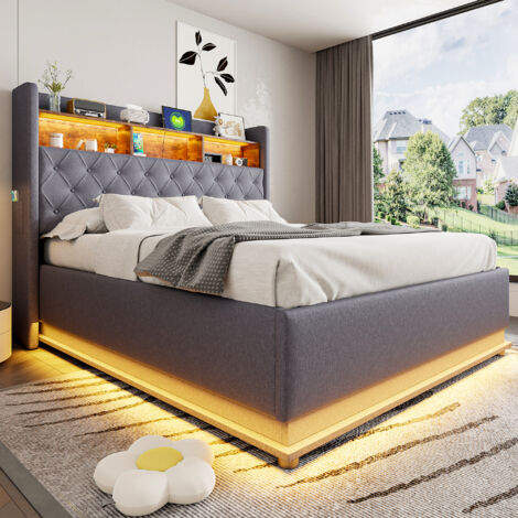 Lit Capitonné 160x200cm - Avec LED, USB & Rangement Hydraulique - Pour Chambre - Gris