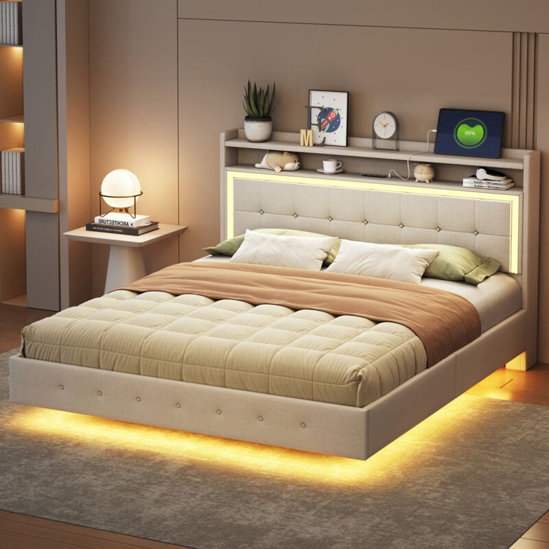 Modernluxe - Lit capitonné 160x200cm en tissu lin - avec prise usb et led - Beige