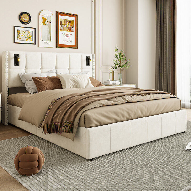 Lit capitonné 140x200cm avec sommier, lit Coffre hydraulique, lit double adulte avec liseuse intelligente, design rivets, velours, Beige