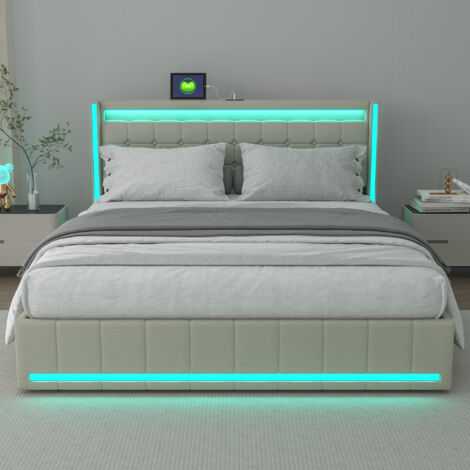 Lit Capitonné 160x200,Lit Adulte 160x200, Lit Coffre Lumière LED Réglable et Chargement USB, Lit Adulte avec Rangement, Lit Double avec 4 Tiroir, Sommier à Lattes en Bois, Cadre de Lit, Lin, Beige