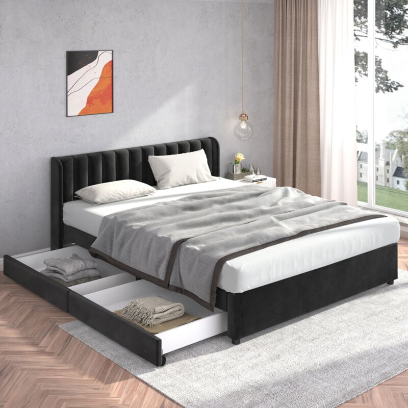 Okwish - Lit capitonné 180x200 cm lit double avec tête de lit haute, dossier à lattes et 2 tiroirs, en velours, noir, sans matelas