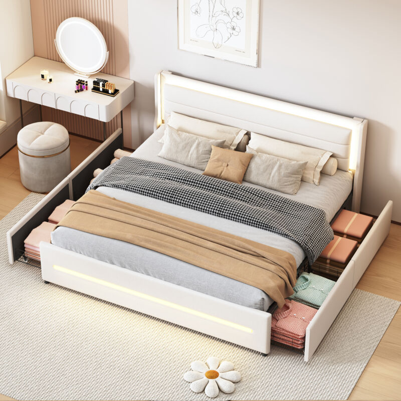 Okwish - Lit capitonné 180x200 cm lit double avec sommier à lattes, éclairage led à, quatre tiroirs, tissu en lin, beige, sans matelas