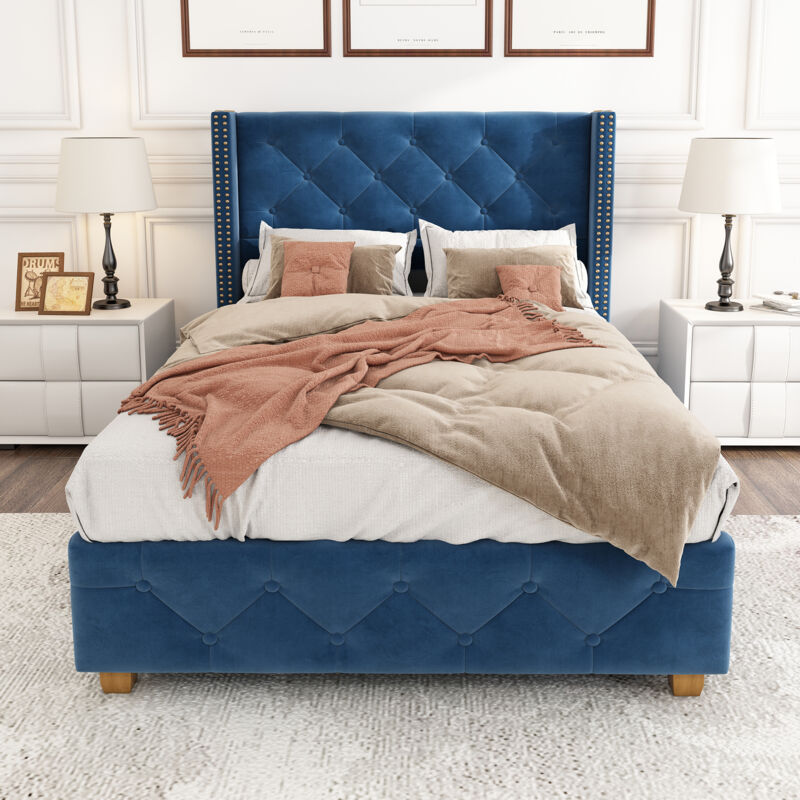 Lit adulte 90x200cm lit rembourré, lit simple avec sommier à lattes et tête de lit, en velours, bleu