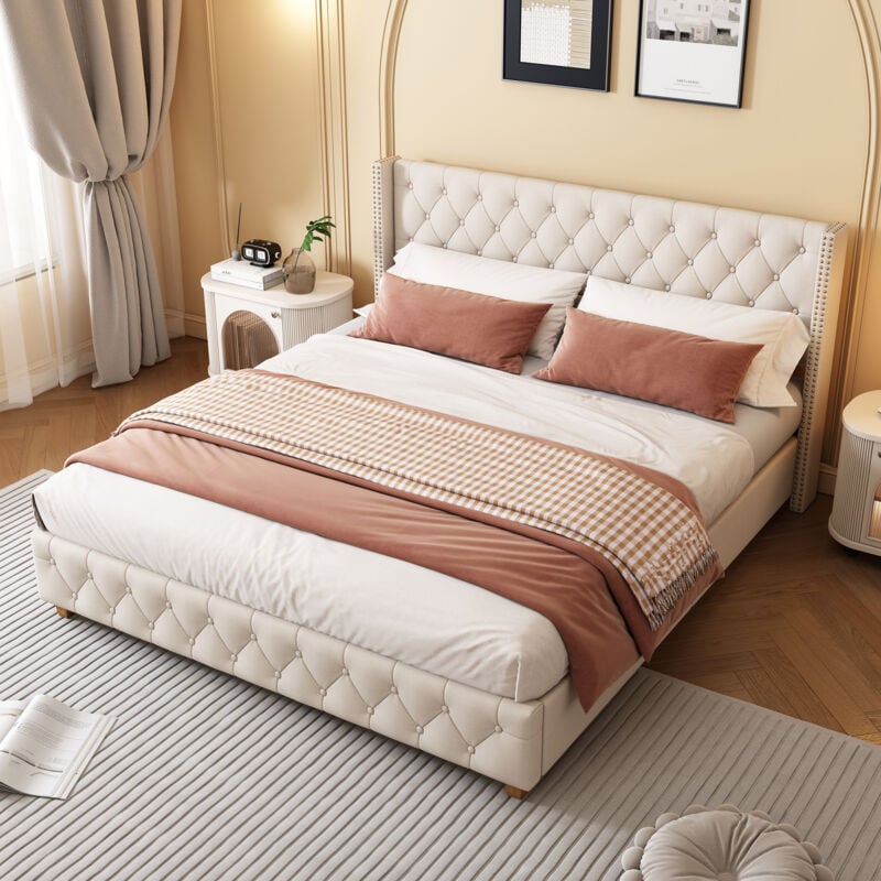 Lit rembourré 140x190 cm lit double avec sommier à lattes et tête de lit, rembourrage à rivets, pieds en bois, tissu en velours, beige, sans matelas