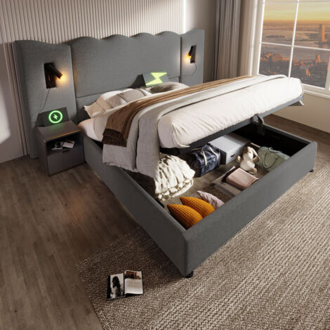 Lit capitonné 180x200 cm avec lampe lecture et charge USB-C, lit double avec rangement intégré, sommier bois et métal – gris - sans matelas ni chevet