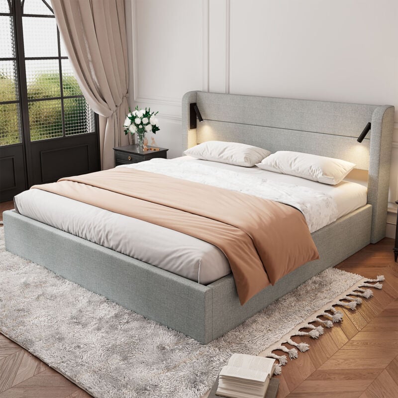 Lit capitonné 180x200 cm avec lumière d'ambiance, sommier à lattes en bois, montage facile, toile, gris