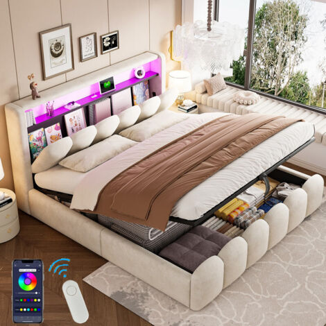 Lit Capitonné 180x200 cm avec sommier et LED et USB-C , Lit Coffre 180x200 avec rangement tête de lit et hydraulique, lit double, velours, Beige