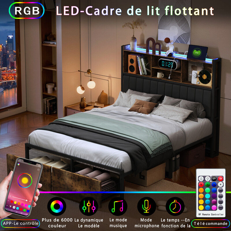 Blanketswarm - Lit capitonné 140x200cm,lit tiroir avec éclairage led et chargement USB,lit double avec 2 tiroirs,tête de lit led avec espace de