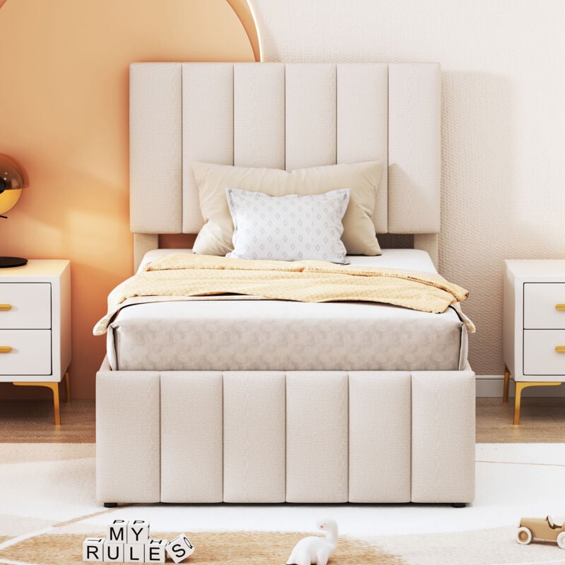 Wishdor - Lit simple Lit enfant Lit capitonné 90 x 200 cm avec gigogne et tiroirs, revêtement en lin doux pour la peau, beige