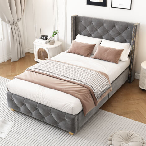 Lit capitonné 90 x 200 cm gris avec boutons décoratifs, pieds en bois et sommier à lattes, lit simple élégant et confortable