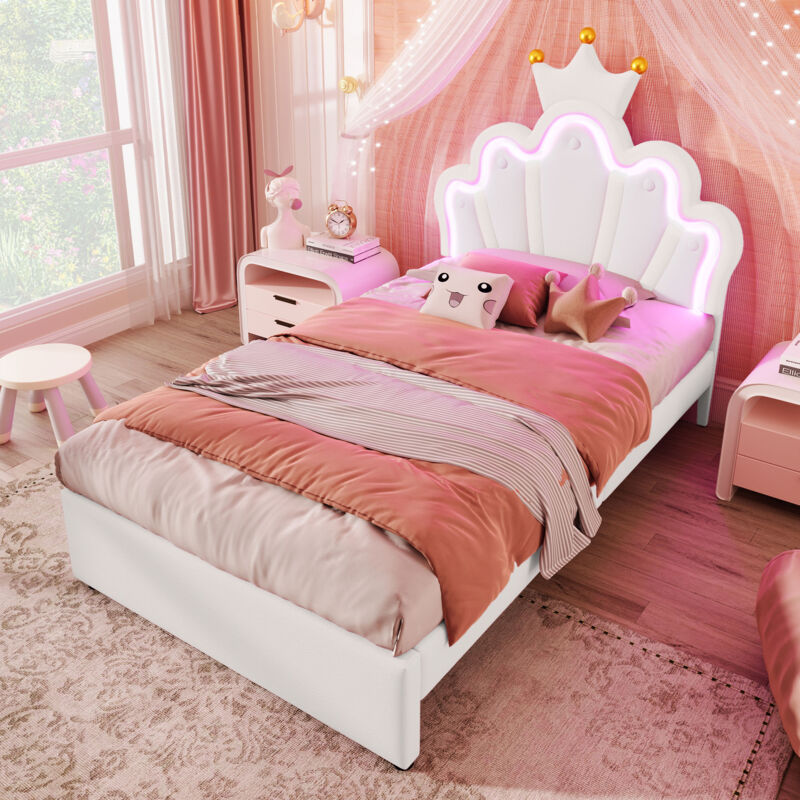 Lit rembourré 90x200 cm, lit simple avec 2 tiroirs, lumière d'ambiance télécommandée et tête de lit réglable en forme de couronne, en pu, ​​blanc,