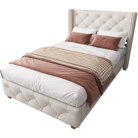 Lit capitonné 90200cm avec sommier à lattes et tête de lit, revêtement boutons, revêtement rivets, pieds bois, lin, beige