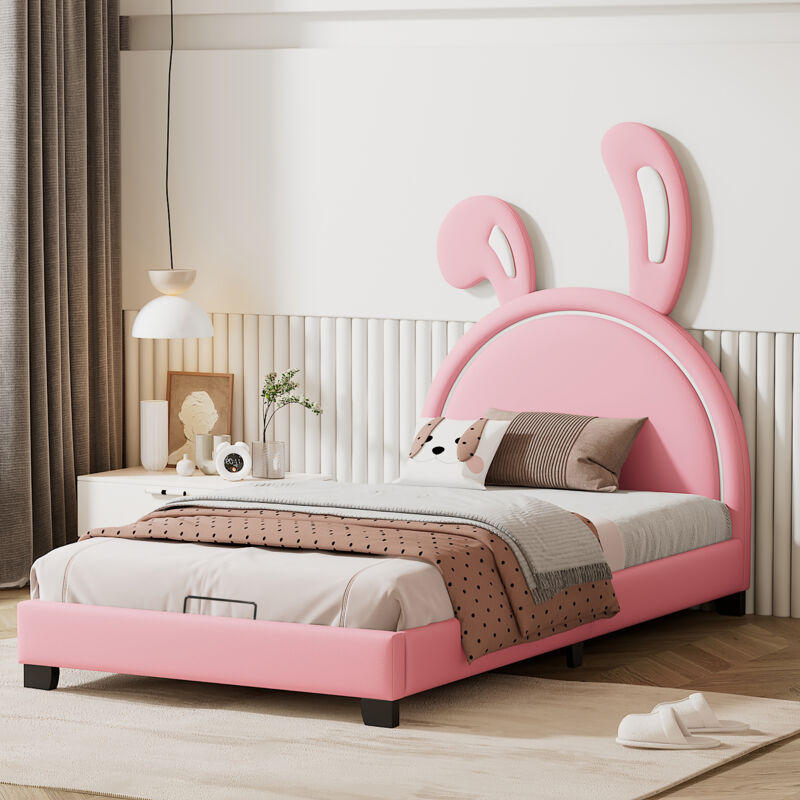 Redom - Lit capitonné 90x200 cm, lit enfant avec sommier à lattes et dossier, en forme d'oreille de lapin, rose (matelas non inclus)