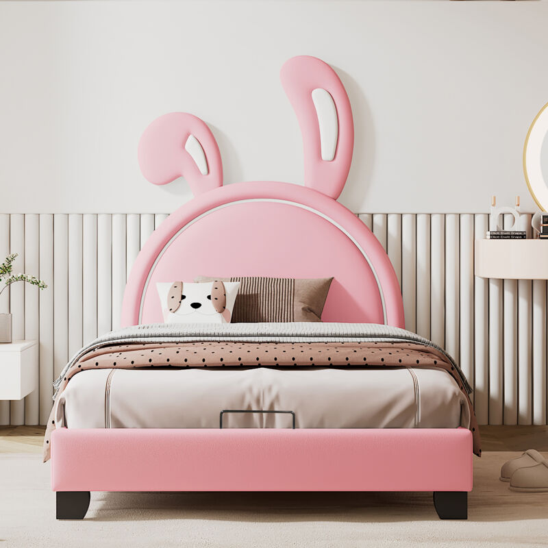 Okwish - Lit capitonné 90x200 cm lit enfant avec sommier à lattes et dossier, lit fille en forme d'oreille de lapin avec pieds surélevés, rose, sans