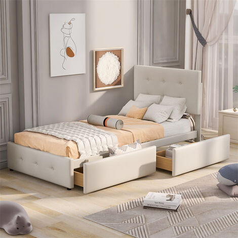 Lit capitonné 90 x 200 cm en tissu avec 2 tiroirs, pour enfant ou adulte, Sommier à lattes inclus, Style scandinave, Beige foncé