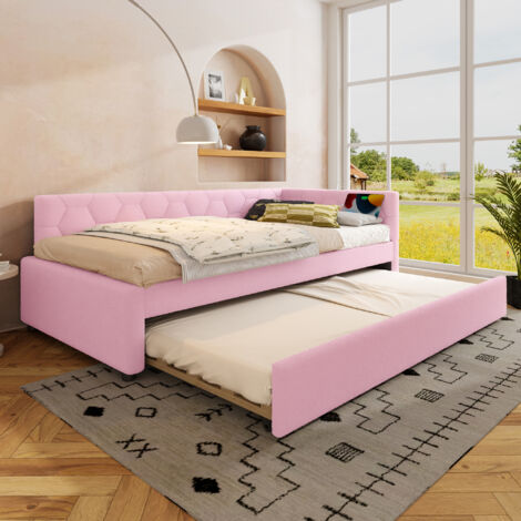 Lit capitonné 90x200 cm avec lampe de tête et fonction tiroir multifonction - Rose
