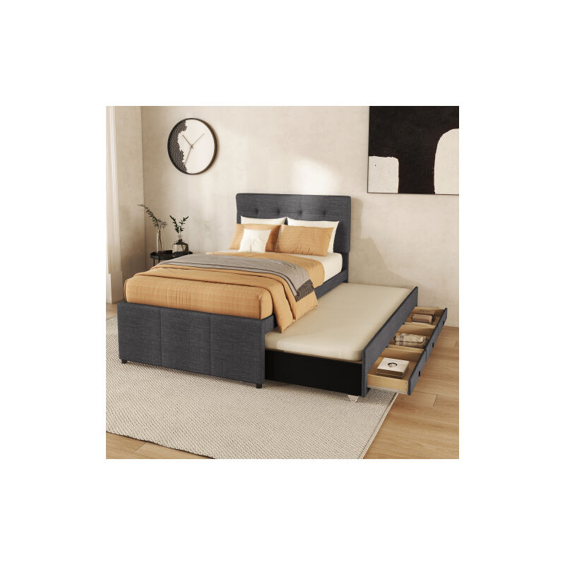 Lit capitonné, 90x200cm (90x190cm), lit familial, lit avec trois tiroirs, lit gigogne gigogne, tête de lit réglable, sans matelas, gris