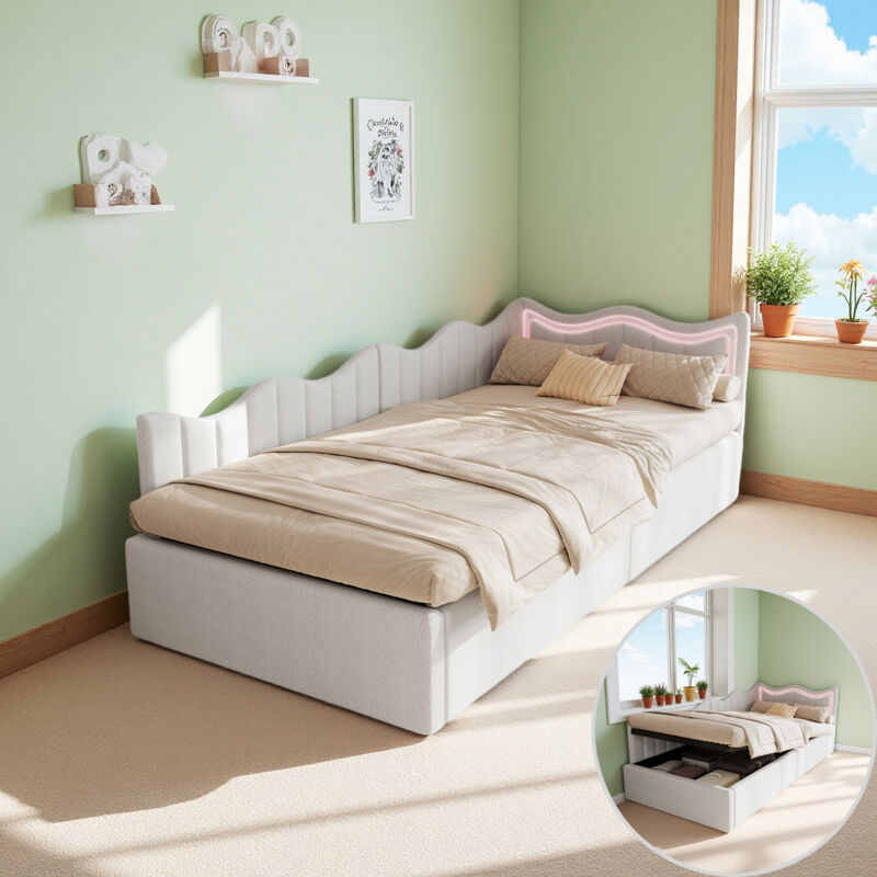 Lit capitonné 90x200cm avec LED - lit enfant avec sommier à lattes en bois - coffre de rangement hydraulique - lit Simple 1 Personne - lit de Jour