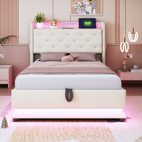 Lit Capitonné 90x200cm - Avec LED, USB-C & Rangement Hydraulique - Pour Enfant, Chambre - Beige