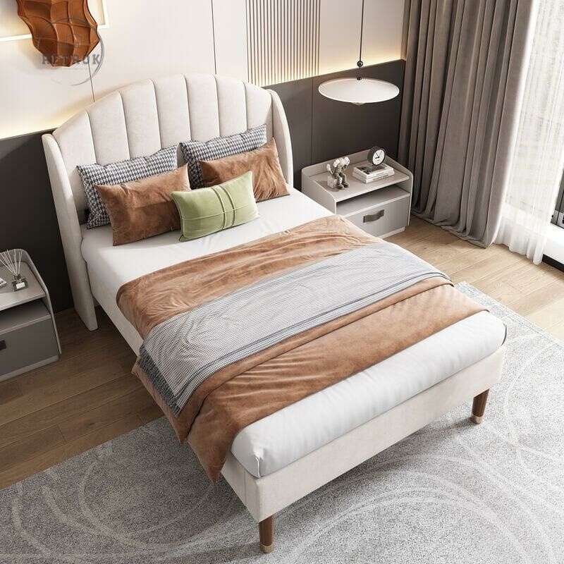 Lit capitonné 90x200cm avec sommier à lattes et tête de lit, lit d'adolescent, lit simple, support à lattes en bois, montage facile, velours, Beige