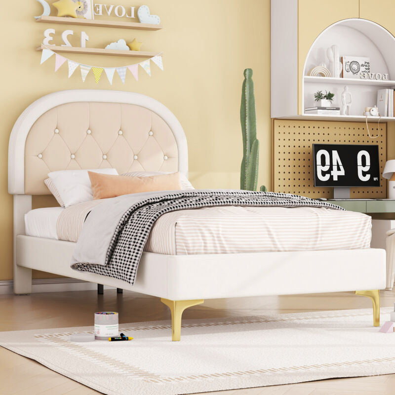 Redom - Lit capitonné, 90x200cm, lit avec sommier à lattes (sans matelas), lit avec pieds en métal, tête de lit courbée, velours, minimaliste, beige