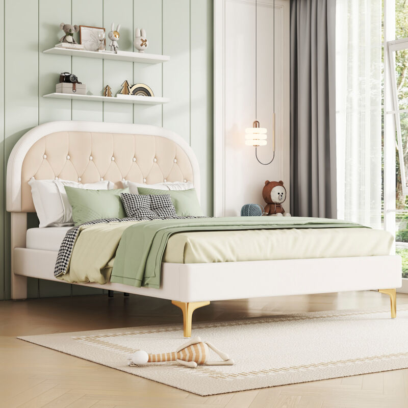 Redom - Lit capitonné, 140x200cm, lit avec sommier à lattes (sans matelas), lit avec pieds en métal, tête de lit courbée, velours, minimaliste, beige