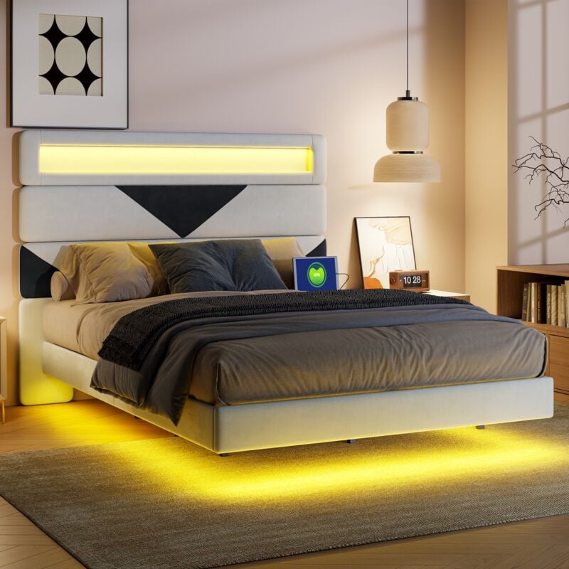 Lit capitonné adulte 140x190 cm, velours, éclairage led rgb, lit effet flottant, 2 ports usb, sommier à lattes - Blanc