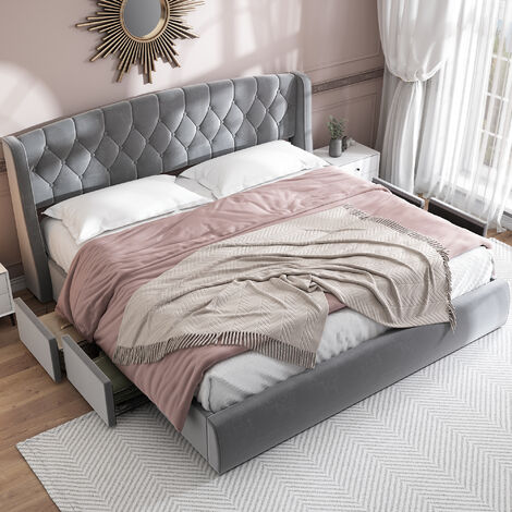 Lit capitonné adulte 180x200cm rembourré en velours avec 4 tiroirs, Lit double avec sommier à lattes, Sans matelas, Gris