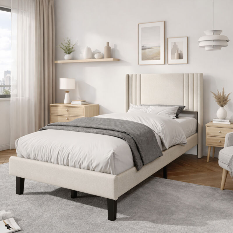 Lit Capitonné Adulte 90x200cm avec Sommier à Lattes en Bois - TêTe de Lit rembourré en Lin - Pieds en Métal - 15 de Rangement -Beige