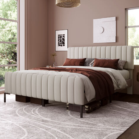 lit capitonné adulte, avec sommier à lattes, tête de lit réglable, style scandinave, tissu lin - Beige