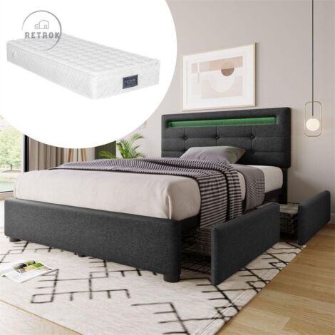 Lit capitonné avec 2 tiroirs - Cadre de lit avec éclairage LED + Tête de lit + Sommier à Lattes + Matelas - Lit simple 90x200cm Gris
