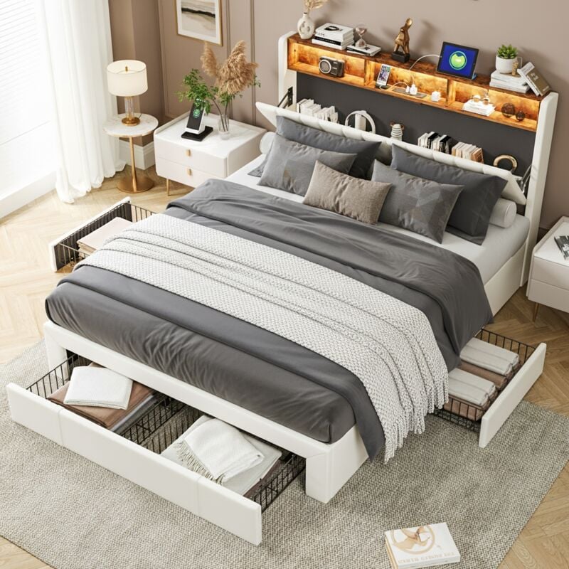 Lit double capitonné 160x200 cm - avec 4 tiroirs, avec tête de lit led, rangement et recharge usb, sommier à lattes, velours - Beige