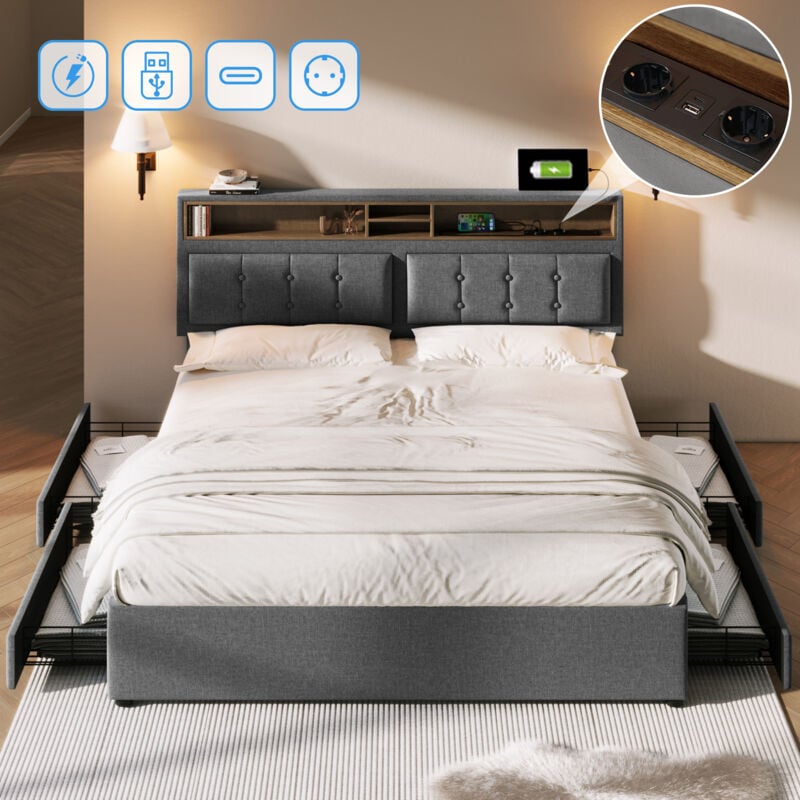 Lit adulte 140x200 cm, 4 tiroirs, prise usb c, lit double capitonné, tête de lit réglable en hauteur, sans matelas, gris