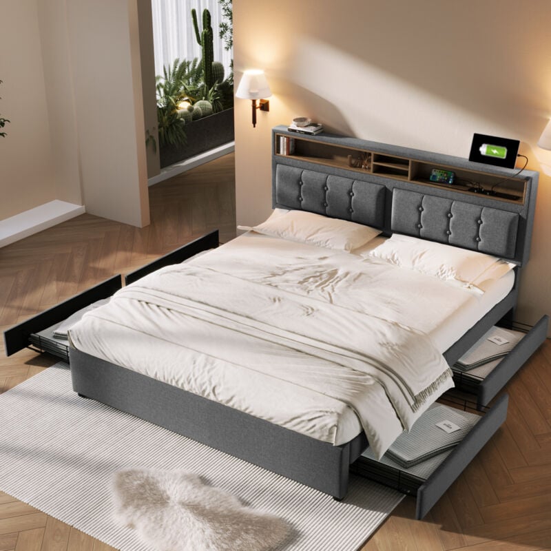 Lit adulte 160x200 cm, 4 tiroirs, prise usb c, lit double capitonné, tête de lit réglable en hauteur, sans matelas, gris