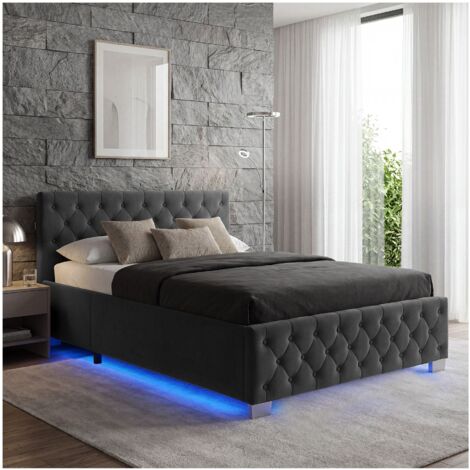 Lit capitonné avec bandes LED et espace de rangement 140x200 noir