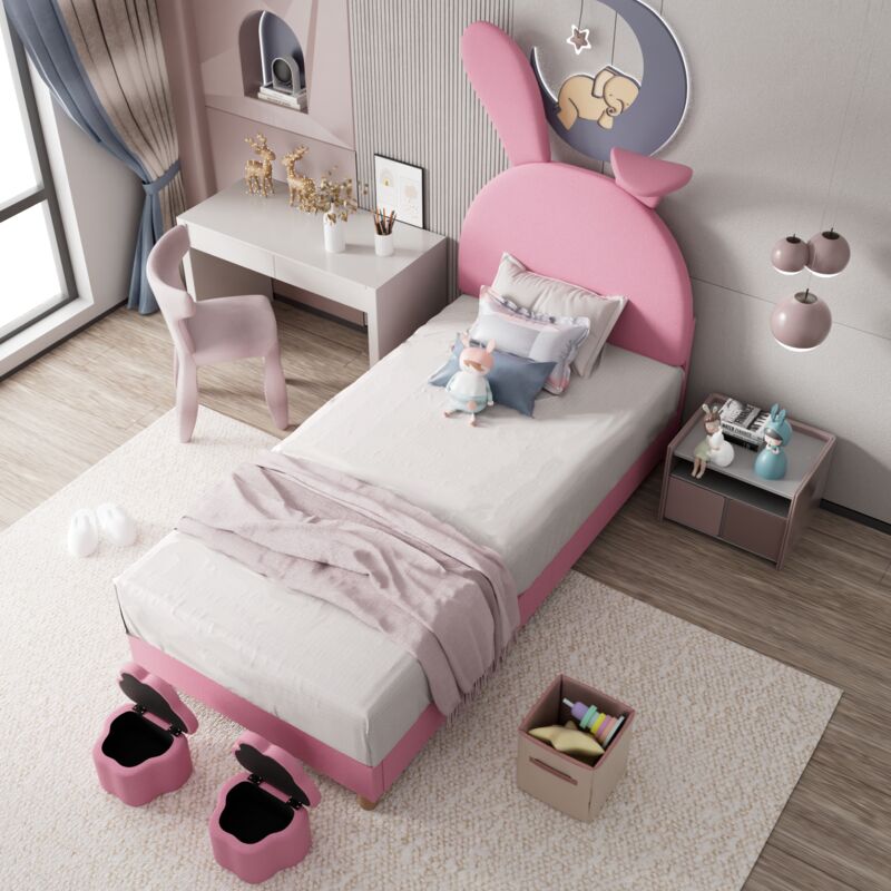 Okwish - Lit rembourré 90x200 cm, avec deux tabourets de rangement, led, oreilles de lapin réglable en hauteur, en velours, rose, sans matelas